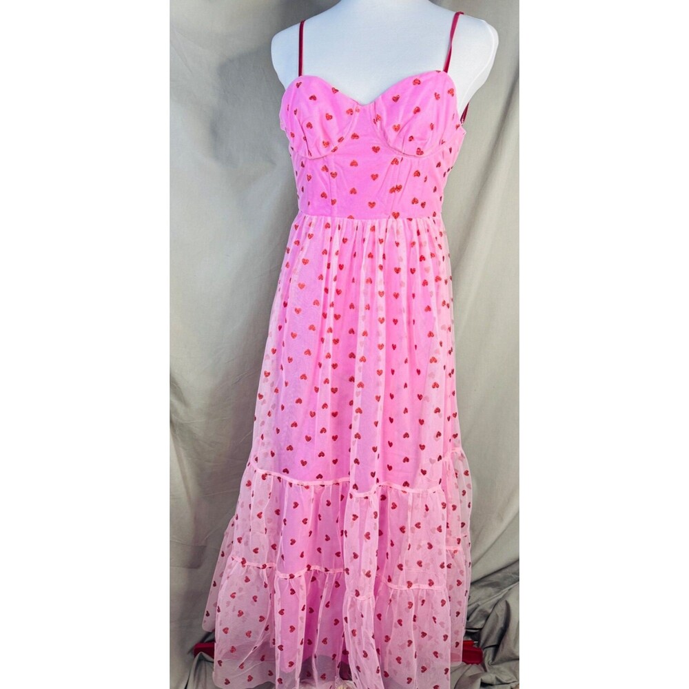 Betsey Johnson Heart Print Dress Bustier Midi Pink Feminine Coquette NWT S/XS/2 - Picture 1 of 6